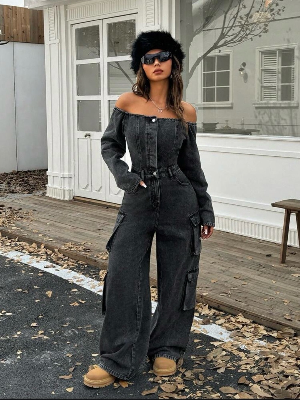 SHEIN Black Off-Shoulder Cargo Jumpsuit